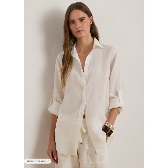 Lauren Ralph Lauren Tops - Lauren Ralph Lauren White Cotton Button Down Tunic Shirt Small roll tab *flaw
